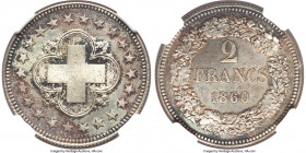 Confederation silver Pattern 2 Francs 1860 MS65 NGC, Bern mint, KM-Pn14, HMZ-2-1231a. A desirable Pattern issue featuring a surprisingly simple yet ef...