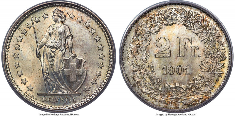 Confederation 2 Francs 1901-B MS66 PCGS, Bern mint, KM21, HMZ-2-1202h. A key dat...