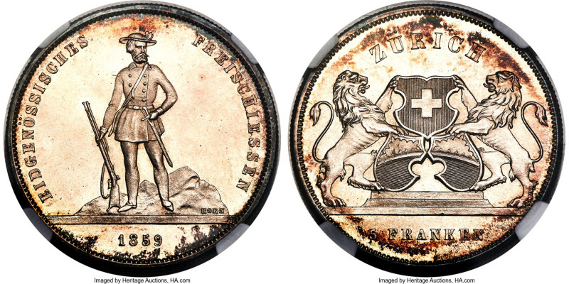 Confederation "Zurich Shooting Festival" 5 Francs 1859 MS66 NGC, Bern mint, KM-X...