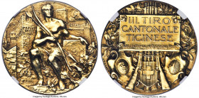 Confederation gold "Ticino - Bellinzona Shooting Festival" Medal 1912 AU58 NGC, Richter-1449a. 27mm. 15.12gm. A rare example of a type that saw a tota...