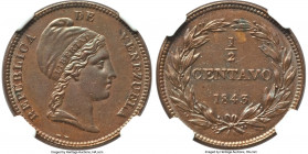 Republic 1/2 Centavo 1843-(l) MS62 Brown NGC, London mint, KM-Y2. Variety with W.W. below Liberty head. Fully struck, presenting light brown, lustrous...