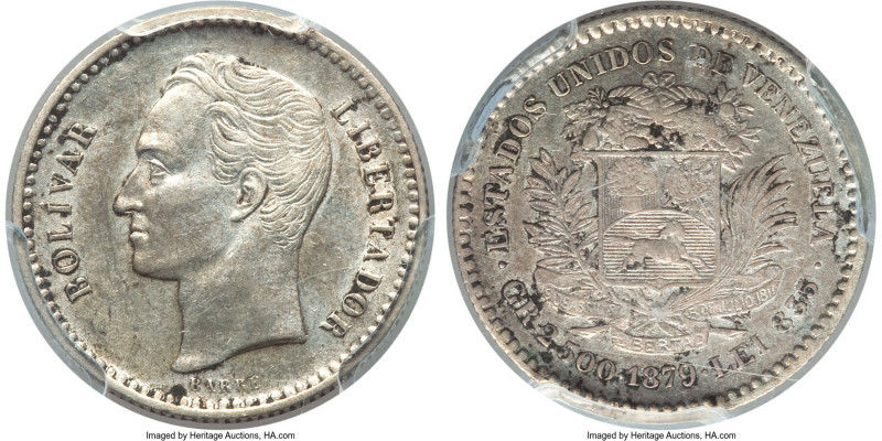 Republic 1/2 Bolivar 1879 AU50 PCGS, Brussels mint, KM-Y21. First year of type. ...