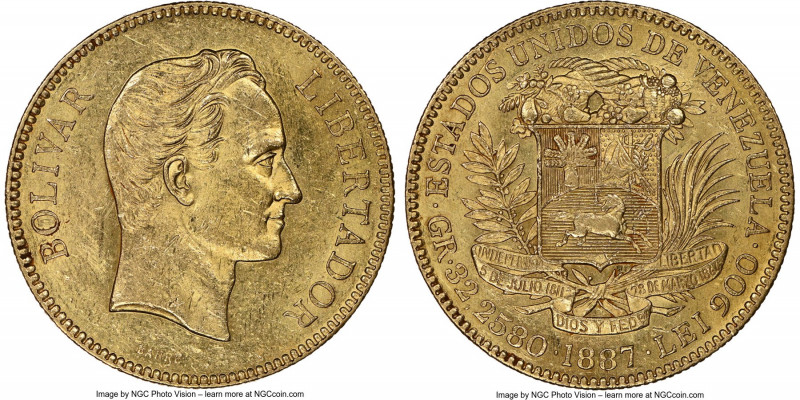 Republic gold 100 Bolivares 1887 MS60 NGC, Caracas mint, KM-Y34. A pale-golden M...