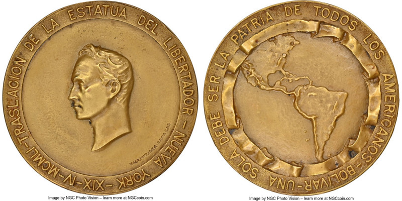 Republic gold "Bolivar Statue - New York" Medal 1951 MS65 NGC, 70mm. 161.14gm. B...