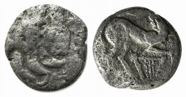 Celtic, Central Gaul, Aedui, late 2nd - early 1st centuries BC. AR Quinarius (12mm, 1.61g, 12h). Male head r. R/ Horse galloping r.; lyre below. D&T 3...