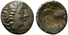 Celtic, Southern Gaul. Insubres, 1st century BC. AR Tetrobol (13mm, 2.64g, 1h). Imitating Massalia. Head of nymph r. R/ Lion standing r. CCCBM II 10-6...