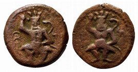 Islands of Spain, Ebusus, late 2nd-early 1st centuries BC. Æ (15mm, 2.05g, 9h). Bes standing facing; caduceus to l. R/ Bes standing facin. Cf. CNH 38....