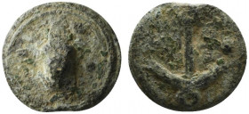 Umbria, Tuder, c. 220-200 BC. Cast Æ Quadrans (27mm, 16.58g, 6h). Frog; three pellets (mark of value) in field. R/ Anchor; three pellets (mark of valu...
