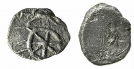Central Italy, c. 1st century BC. BI Tessera (19mm, 2.52g, 9h). Hound r. on the scent; behind, piglet standing r.; wheel below. R/ Standard(?). VF