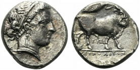 Southern Campania, Neapolis, c. 300 BC. AR Didrachm (20mm, 7.01g, 2h). Diademed head of nymph r., hair in band. R/ Man-headed bull standing r., head f...