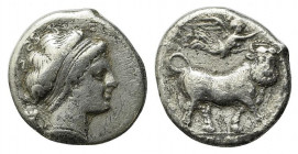 Southern Campania, Neapolis, c. 300-275 BC. AR Didrachm (19.5mm, 6.90g, 9h). Head of nymph r.; astragalos behind. R/ Man-headed bull standing r., head...