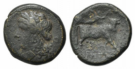 Southern Campania, Neapolis, c. 270-250 BC. Æ (20mm, 6.30g, 6h). Laureate head of Apollo l.; Θ behind. R/ Man-headed bull standing r., being crowned b...
