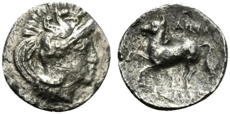 Northern Apulia, Arpi, c. 325-275 BC. AR Diobol (12mm, 0.83g, 9h). Head of Athen...