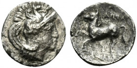 Northern Apulia, Arpi, c. 325-275 BC. AR Diobol (12mm, 0.83g, 9h). Head of Athena r., wearing Attic helmet decorated with hippocamp. R/ Horse prancing...