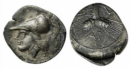 Northern Apulia, Arpi, c. 215-212 BC. AR Triobol (15.5mm, 1.33g). Helmeted head of Athena l. R/ Three grain ears conjoined at the stem. HNItaly 646; S...