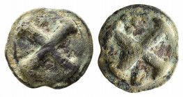 Northern Apulia, Luceria, c. 220 BC. Cast Æ Quincunx (32mm, 34.03g). Wheel with four spokes; five pellets above, L below. R/ Wheel with four spokes. V...