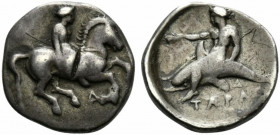 Southern Apulia, Tarentum, c. 385-380 BC. AR Nomos (21mm, 7.79g, 5h). Nude youth, holding whip, on horse galloping r.; A below. R/ Phalanthos, holding...