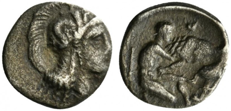 Southern Apulia, Tarentum, c. 380-325 BC. AR Diobol (11mm, 1.11g, 9h). Head of A...