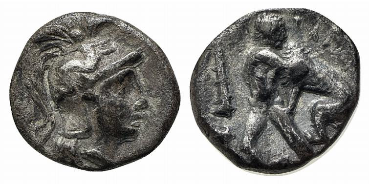 Southern Apulia, Tarentum, c. 380-325 BC. AR Diobol (10mm, 1.06g, 6h). Helmeted ...