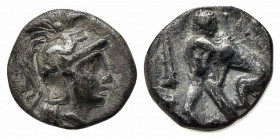 Southern Apulia, Tarentum, c. 380-325 BC. AR Diobol (10mm, 1.06g, 6h). Helmeted head of Athena r., helmet decorated with Skylla. R/ Herakles standing ...