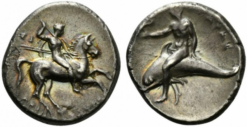 Southern Apulia, Tarentum, c. 302-280 BC. AR Nomos (23mm, 7.85g, 6h). Warrior on...