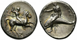 Southern Apulia, Tarentum, c. 302-280 BC. AR Nomos (23mm, 7.85g, 6h). Warrior on horseback r., holding shield and two spears, preparing to cast a thir...