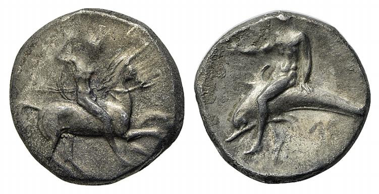 Southern Apulia, Tarentum, c. 302-280 BC. AR Nomos (20.5mm, 7.55g, 6h). Warrior ...