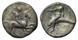 Southern Apulia, Tarentum, c. 302-280 BC. AR Nomos (20.5mm, 7.55g, 6h). Warrior on horseback r., holding shield and two spears, preparing to cast a th...