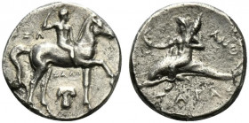 Southern Apulia, Tarentum, c. 280-272 BC. AR Nomos (20mm, 5.88g, 11h). Youth on horseback r., crowning self; ΣΩ to l., ΞAΛO and Ionic capital below. R...