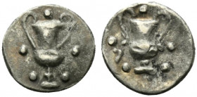 Southern Apulia, Tarentum, c. 280-228 BC. AR Obol (9mm, 0.58g, 6h). Kantharos; five pellets around. R/ Kantharos; five pellets around; Λ tol. Vlasto 1...