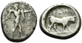 Northern Lucania, Poseidonia, c. 470-445 BC. Fourrèe Stater (19mm, 4.89g, 9h). Poseidon advancing r., wielding trident overhead. R/ Bull standing r. w...