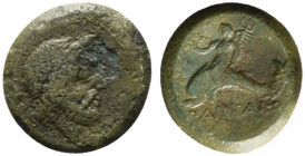 Northern Lucania, Paestum, 264-241 BC. Æ (20mm, 6.76g, 6h). Laureate head of Neptune r.; dolphin behind. R/ Eros, holding wreath and trident, riding d...
