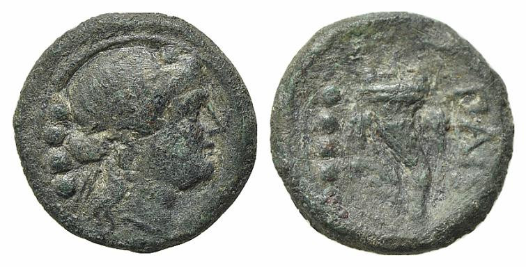 Northern Lucania, Paestum, after 211 BC. Æ Triens (17mm, 4.20g, 3h). Wreathed he...