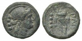 Northern Lucania, Paestum, after 211 BC. Æ Triens (17mm, 4.20g, 3h). Wreathed head of Dionysos r.; four pellets behind. R/ Cornucopiae; four pellets t...
