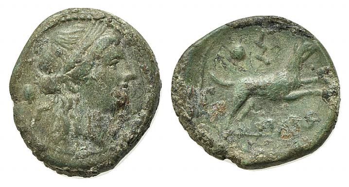 Northern Lucania, Paestum, c. 218-201 BC. Æ Sescuncia (16mm, 2.38g, 3h). Head of...