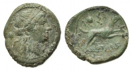 Northern Lucania, Paestum, c. 218-201 BC. Æ Sescuncia (16mm, 2.38g, 3h). Head of Ceres r.; pellet and Σ behind. R/ Dog r.; above, spray of leaves, pel...