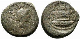 Northern Lucania, Paestum, c. 50 BC. Æ Semis (16mm, 3.84g, 8h). Female head r. R/ Two-storied building, five columns on each floor. HNItaly 1258; Craw...