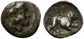 Southern Lucania, Herakleia, c. 432-420 BC. AR Diobol (12mm, 1.07g, 6h). Head of Herakles r., wearing lion skin. R/ Lion r. Van Keuren 25; HNItaly 135...