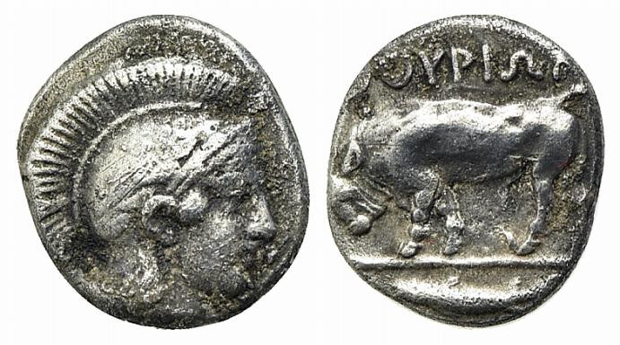 Southern Lucania, Thourioi, c. 443-400 BC. AR Triobol (11mm, 1.17g, 6h). Head of...