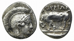Southern Lucania, Thourioi, c. 443-400 BC. AR Triobol (11mm, 1.17g, 6h). Head of Athena r., wearing crested Attic helmet decorated with wreath. R/ Bul...