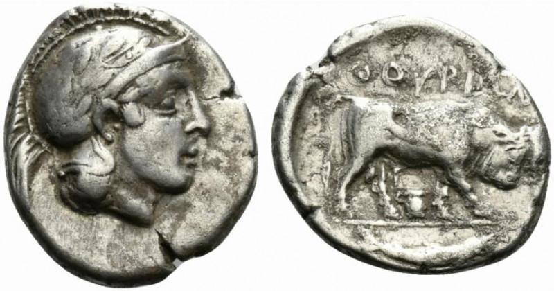 Southern Lucania, Thourioi, c. 443-400 BC. AR Stater (22mm, 7.71g, 9h). Helmeted...