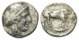 Southern Lucania, Thourioi, c. 443-400 BC. AR Stater (21mm, 7.53g, 6h). Helmeted head of Athena r., helmet decorated with wreath. R/ Bull butting r.; ...
