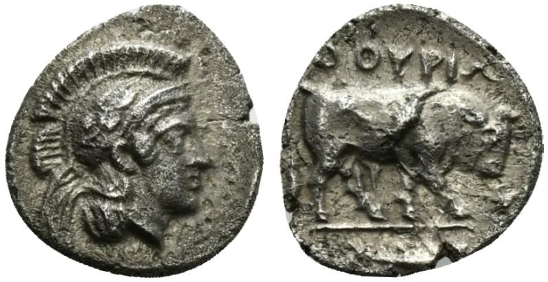 Southern Lucania, Thourioi, c. 443-400 BC. AR Triobol (12.5mm, 1.17g, 3h). Helme...
