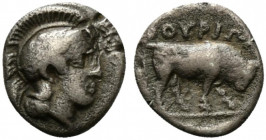 Southern Lucania, Thourioi, c. 443-400 BC. AR Triobol (10mm, 1.11g, 1h). Helmeted head of Athena r. R/ Bull standing r.; in exergue, fish. Cf. HNItaly...