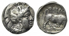 Southern Lucania, Thourioi, c. 400-350 BC. AR Stater (21mm, 7.29g, 9h). Head of Athena r., wearing crested Attic helmet decorated with Skylla scanning...