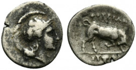 Southern Lucania, Thourioi, c. 350-300 BC. AR Triobol (12mm, 1.06g, 9h). Head of Athena r., wearing crested Attic helmet. R/ Bull butting r.; in exerg...