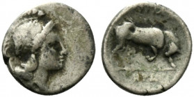 Southern Lucania, Thourioi, c. 350-300 BC. AR Triobol (11mm, 1.02g, 3h). Head of Athena r., wearing crested helmet. R/ Bull butting r.; HPA in exergue...