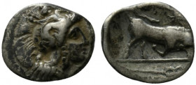 Southern, Lucania, Thourioi, c. 300-280 BC. AR Triobol (12mm, 1.18g, 12h). Head of Athena r., wearing Attic helmet decorated with Scylla hurling rock....