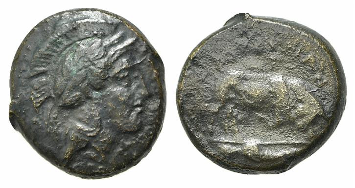 Southern Lucania, Thourioi, c. 435-410/05 BC. Æ (14mm, 3.37g, 3h). Helmeted head...