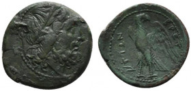 Bruttium, The Brettii, c. 211-208 BC. Æ Unit (24mm, 8.13g, 6h). Laureate head of Zeus r.; thyrsos behind. R/ Eagle standing l., head r., with wings sp...